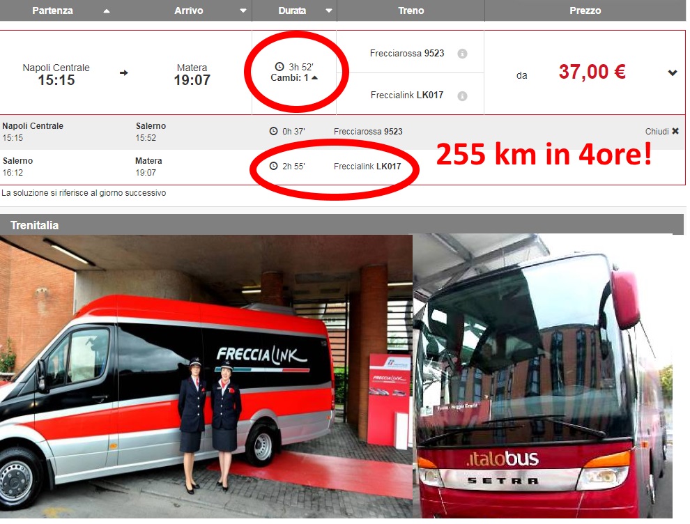 Da Napoli a Matera: in treno+autobus, 4 ore per 255km!